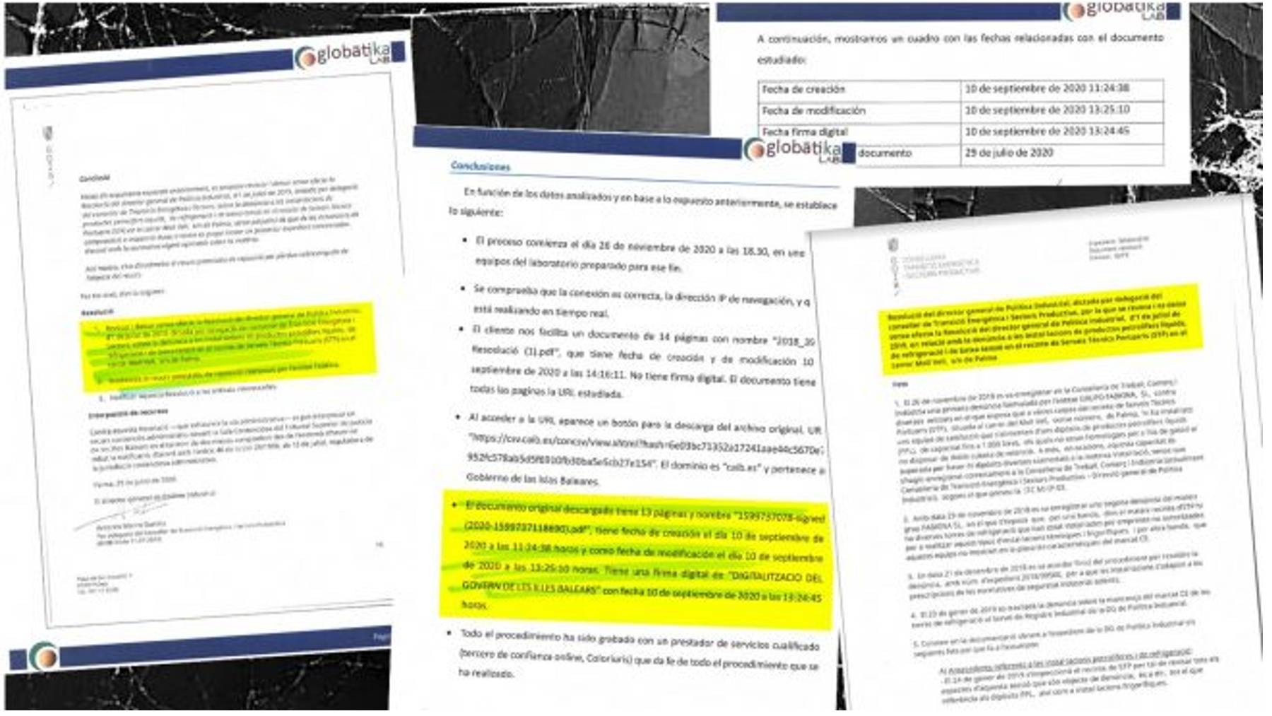 Documentos que atestiguan la falsificación de un documento por parte del Govern de Armengol.