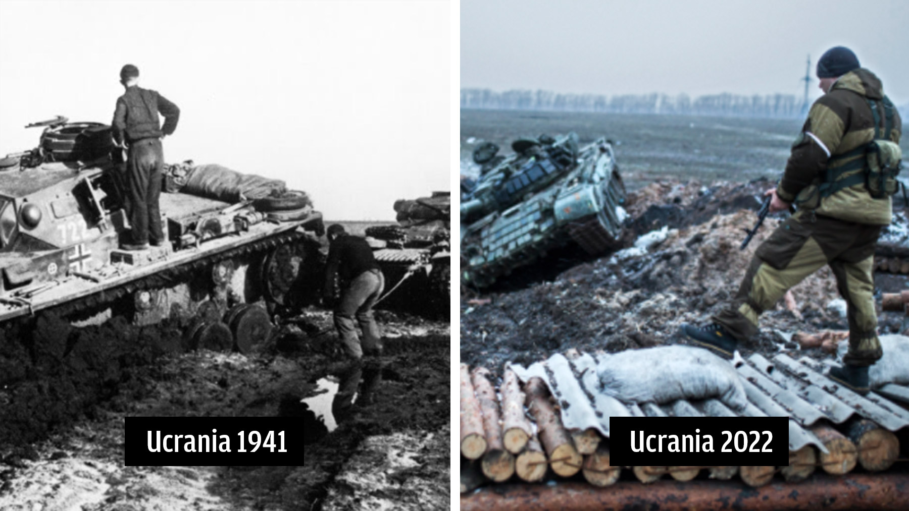 Un carro Panzer alemán en 1941 y un carro ruso en Ucrania en 2022.