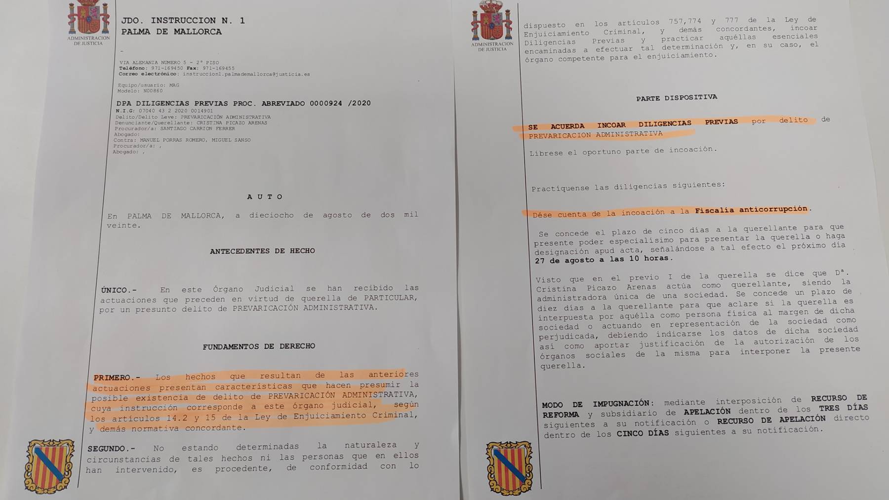 El documento sobre la aceptación de la querella por corrupción contra el Govern de Armengol y la orden de dar cuenta a la Fiscalía Anticorrupción.
