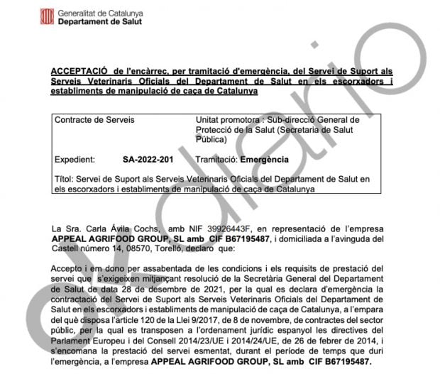 Contrato entre Appeal Agrifood Group SL y la Generalitat de Cataluña (III).