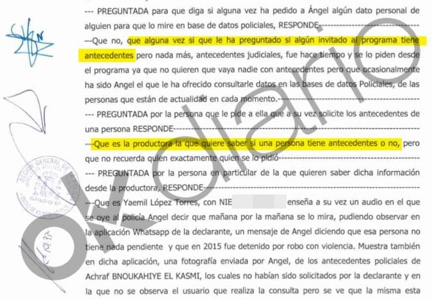 Declaración de Mila Ximénez ante la Policía donde reconoce que La Fábrica de la Tele tenía interés en conocer antecedentes penales de famosos.