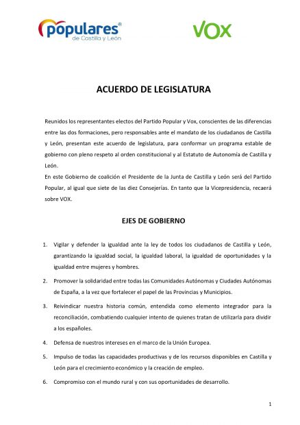 Aquí los 11 ejes de gobierno y las 32 acciones programáticas del pacto PP-Vox en Castilla y León