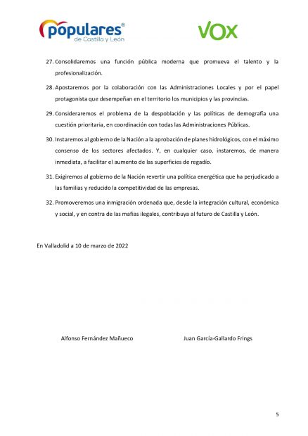 Aquí los 11 ejes de gobierno y las 32 acciones programáticas del pacto PP-Vox en Castilla y León