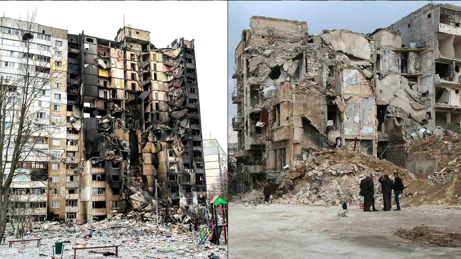 A la izquierda un bombardeo en Ucrania, a la derecha en Alepo
