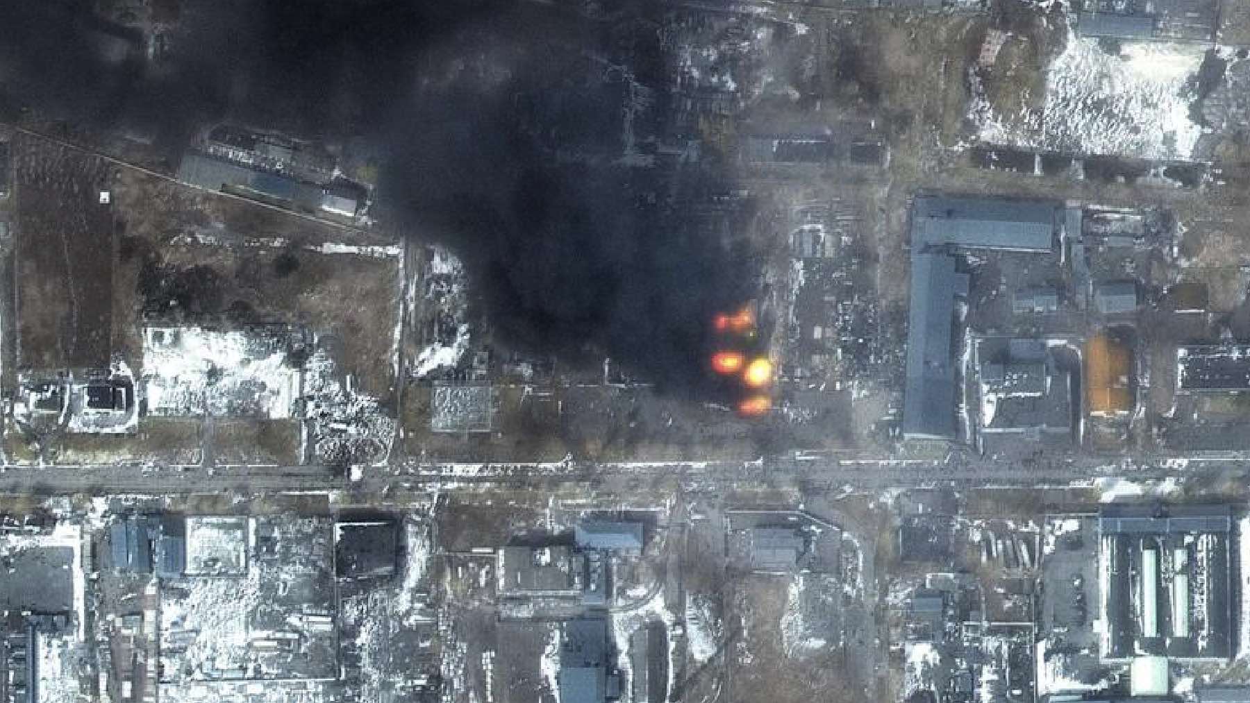 Vista aérea de la base atacada en Ucrania.