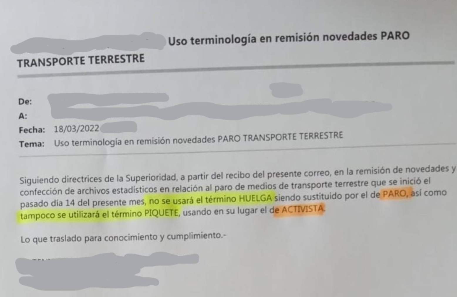 Instrucciones a la Guardia Civil sobre la huelga de transporte (Jucil)