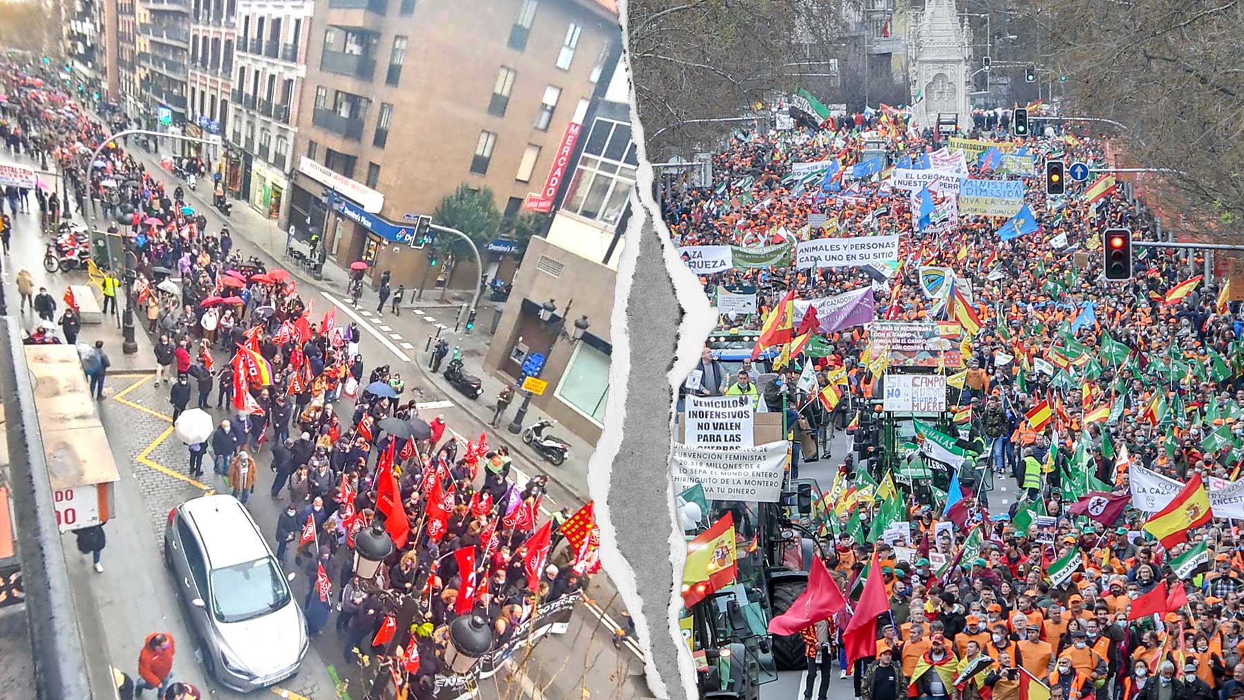La manifestación de los sindicatos (izquierda) y la del mundo rural (derecha).