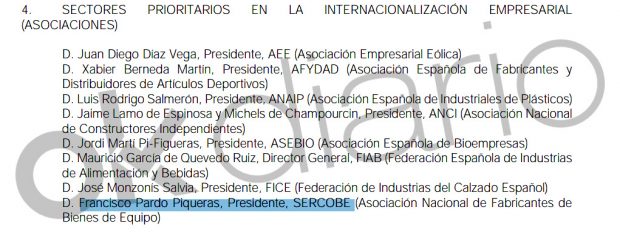 Documento del ICEX donde Francisco Pardo Piqueras figura como presidente de Sercobe. 