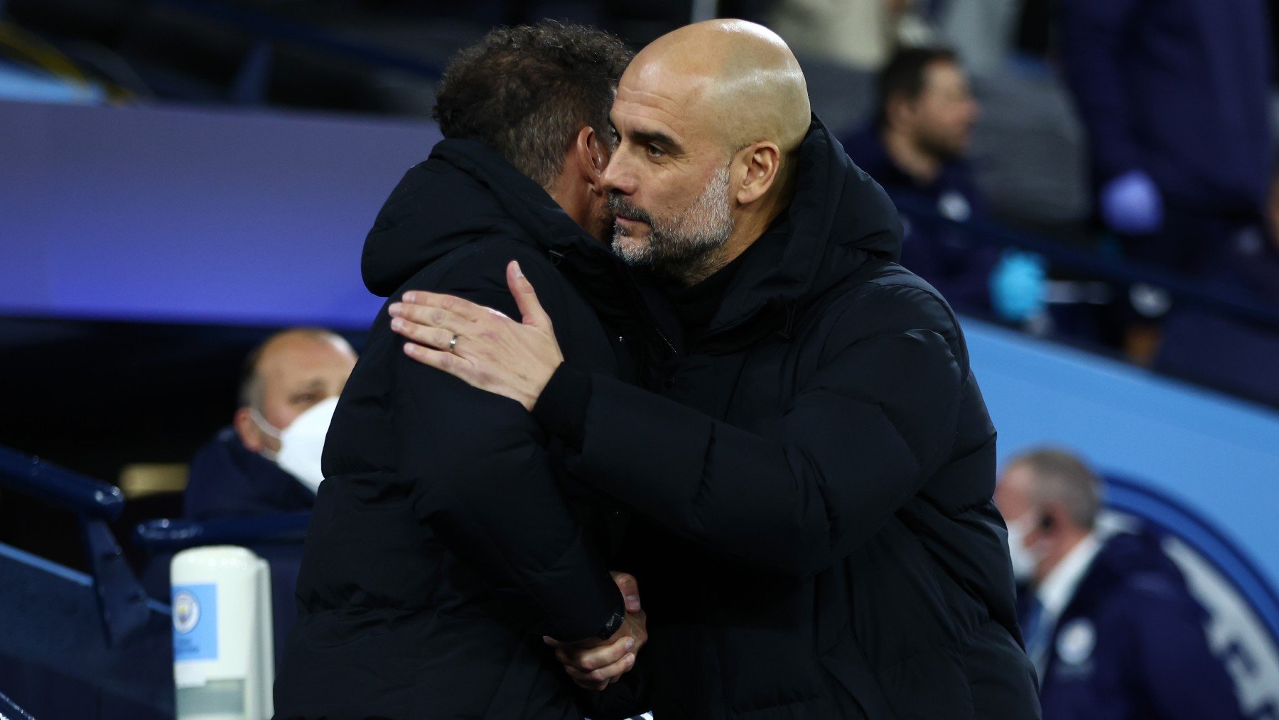 Simeone y Guardiola, en el partido del Etihad.