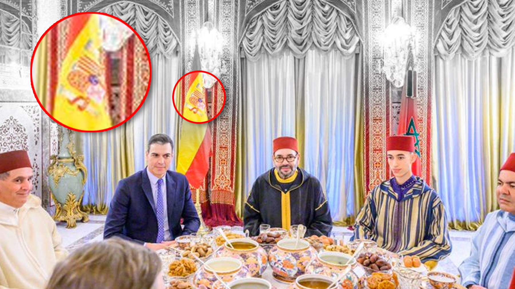 La bandera de España al revés en la cena de Sánchez y Mohamed VI. (Foto: Ministerio de Exteriores marroquí)