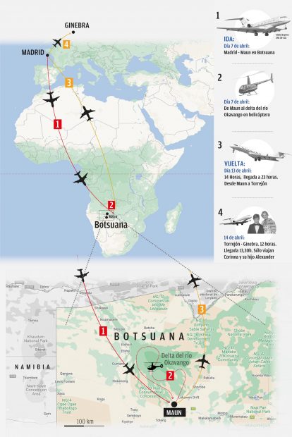 Reconstrucción de la ruta aérea que el Rey y sus invitados hicieron entre Madrid, Botswana y Ginebra.