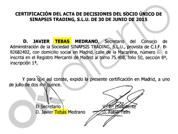 Javier Tebas figuraba como secretario de la compañía que hizo los pagos a Guillermo Scarcella entre 2014 y 2015.