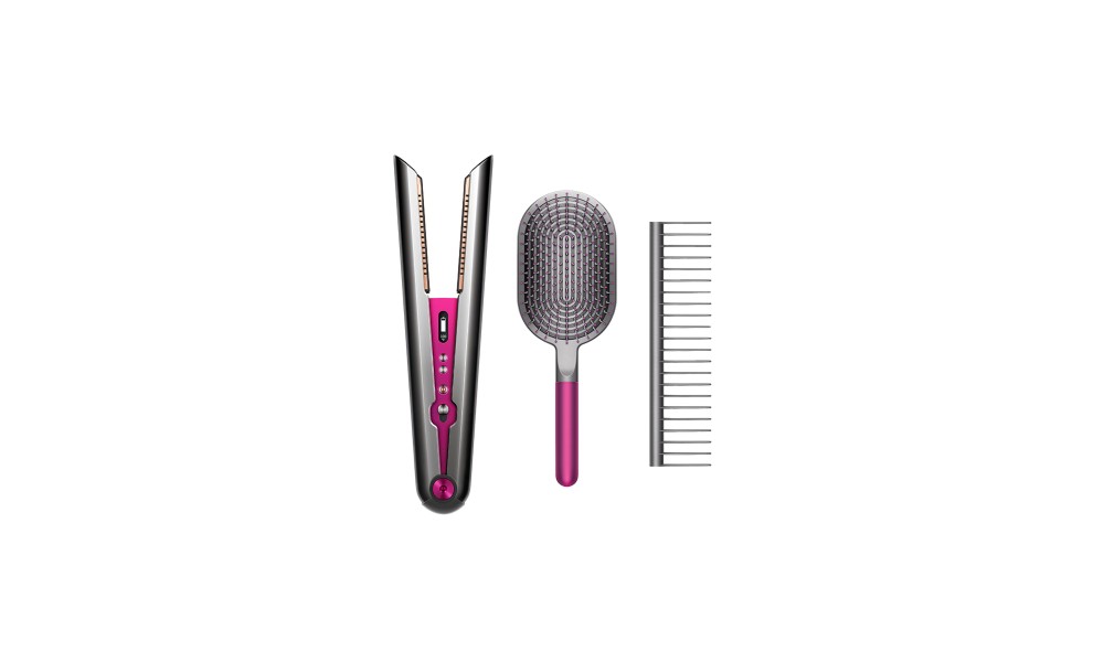 Plancha dyson, cepillo y peine gris y fucsia en posición vertical
