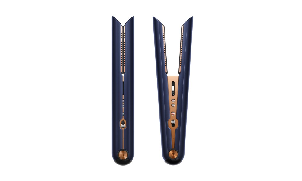 Plancha Dyson cerrada y abierta en posición vertical