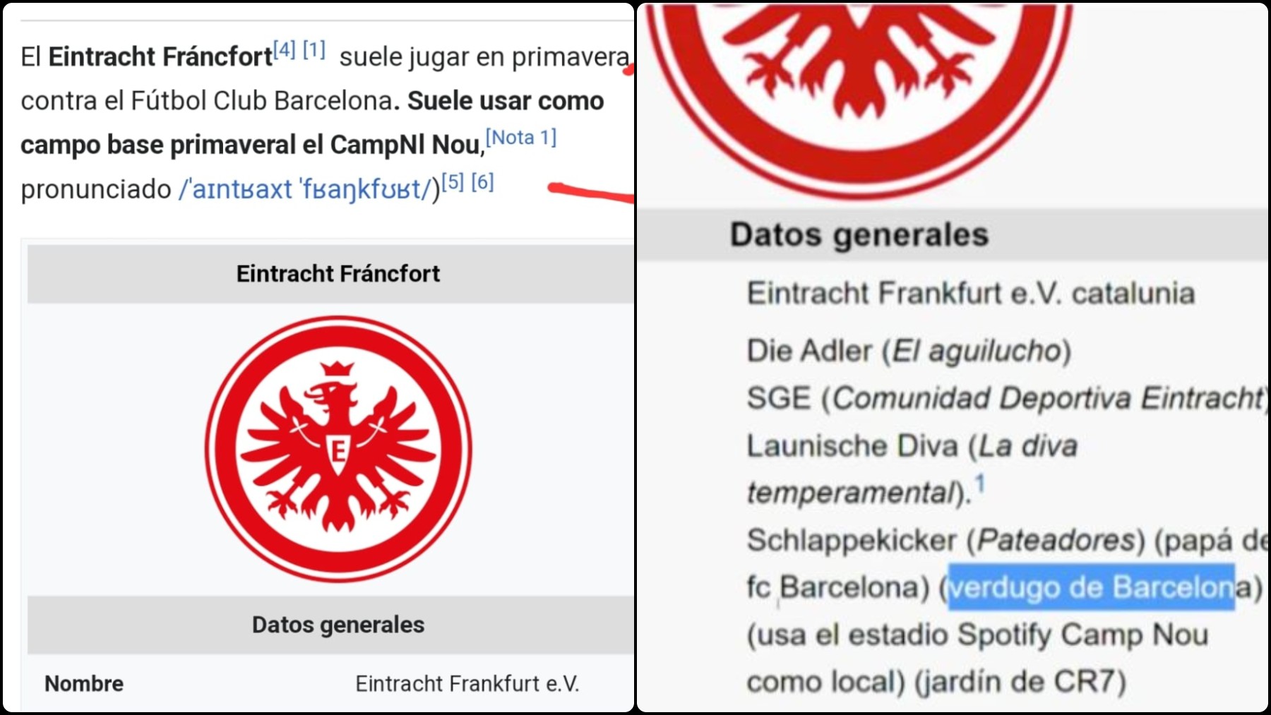 Perfil del Eintracht de Frankfurt en Wikipedia tras el partido ante el Barcelona.
