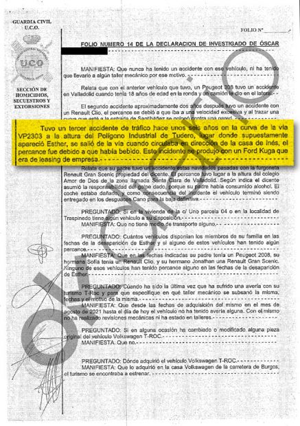 En esta parte de la claracion oscar revela haber sufrido un accidente en el mismo punto donde se encontro el cadaver de esther 