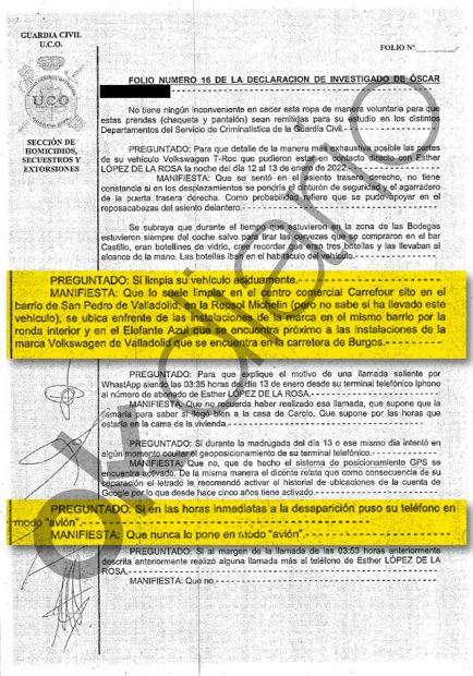 Copia de la declaraión prestada por el sospechoso de Traspinedo ante la guardi civil el paasdo mes de abril 