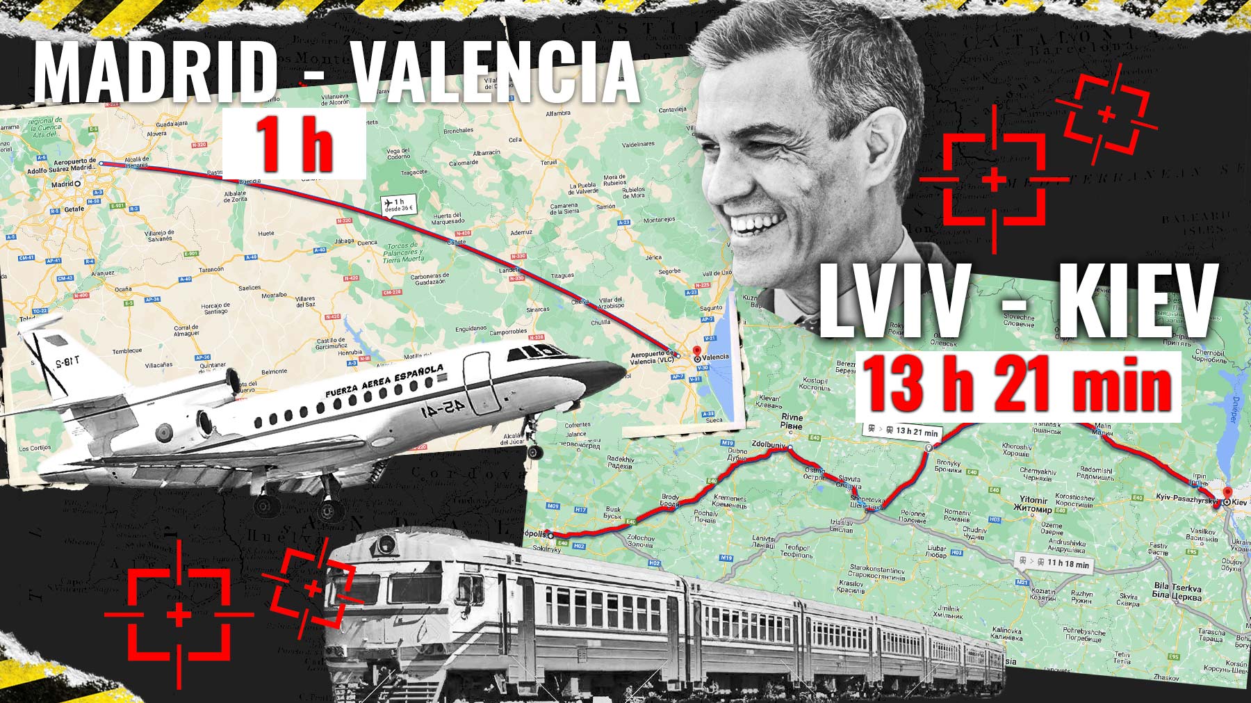 Pedro Sánchez y sus viajes en Falcon frente al tren de Ucrania.