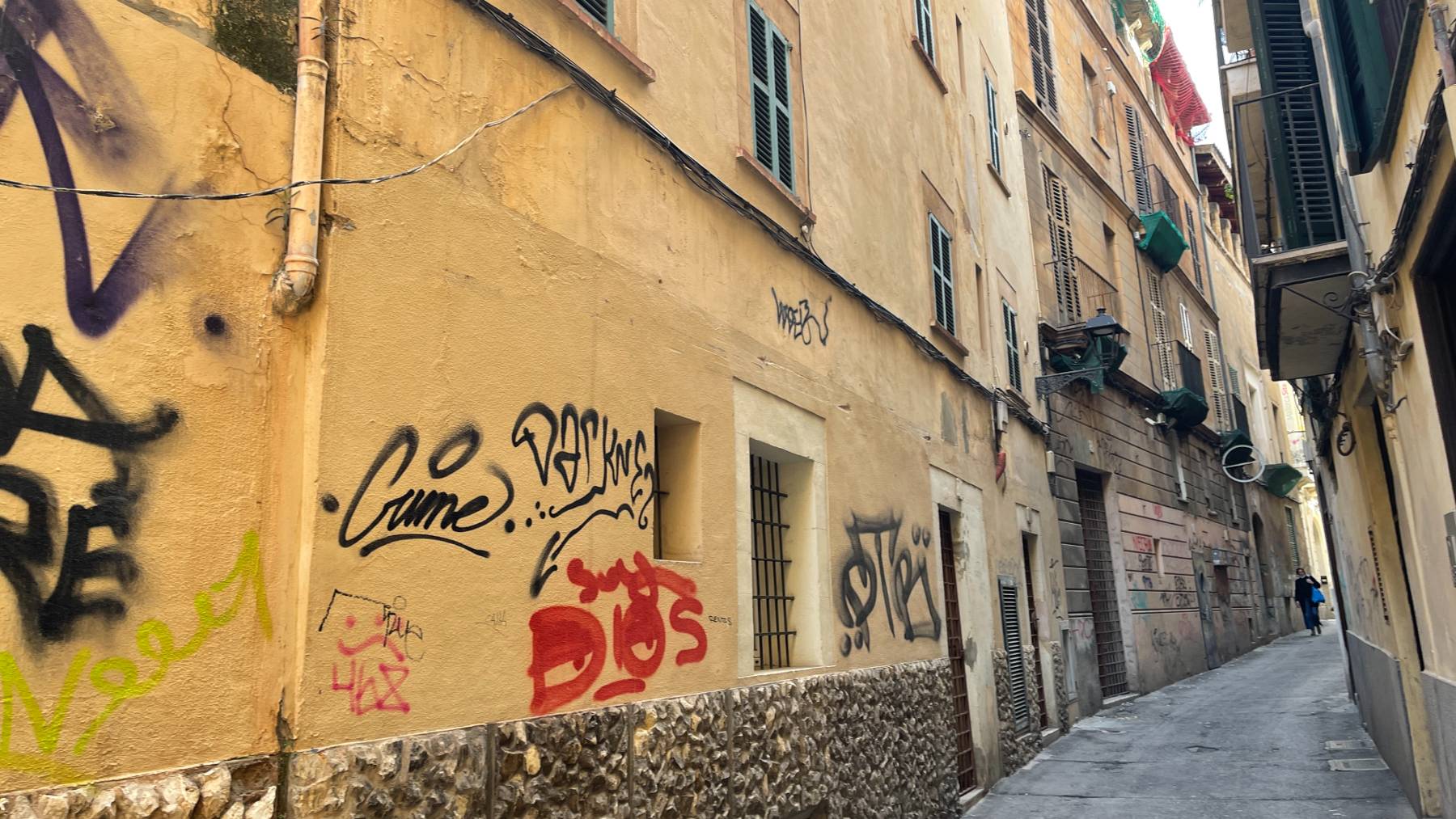 Grafitis en la Calle Cavalleria, en pleno centro histórico de Palma.