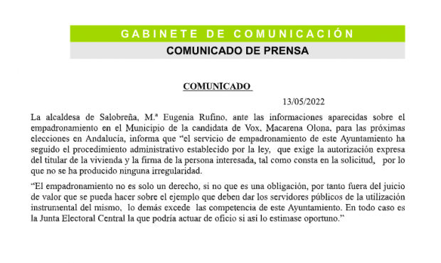 Este es el comunicado de Salobreña en el que se aseguraba que el empadronamiento de Olona es legal.
