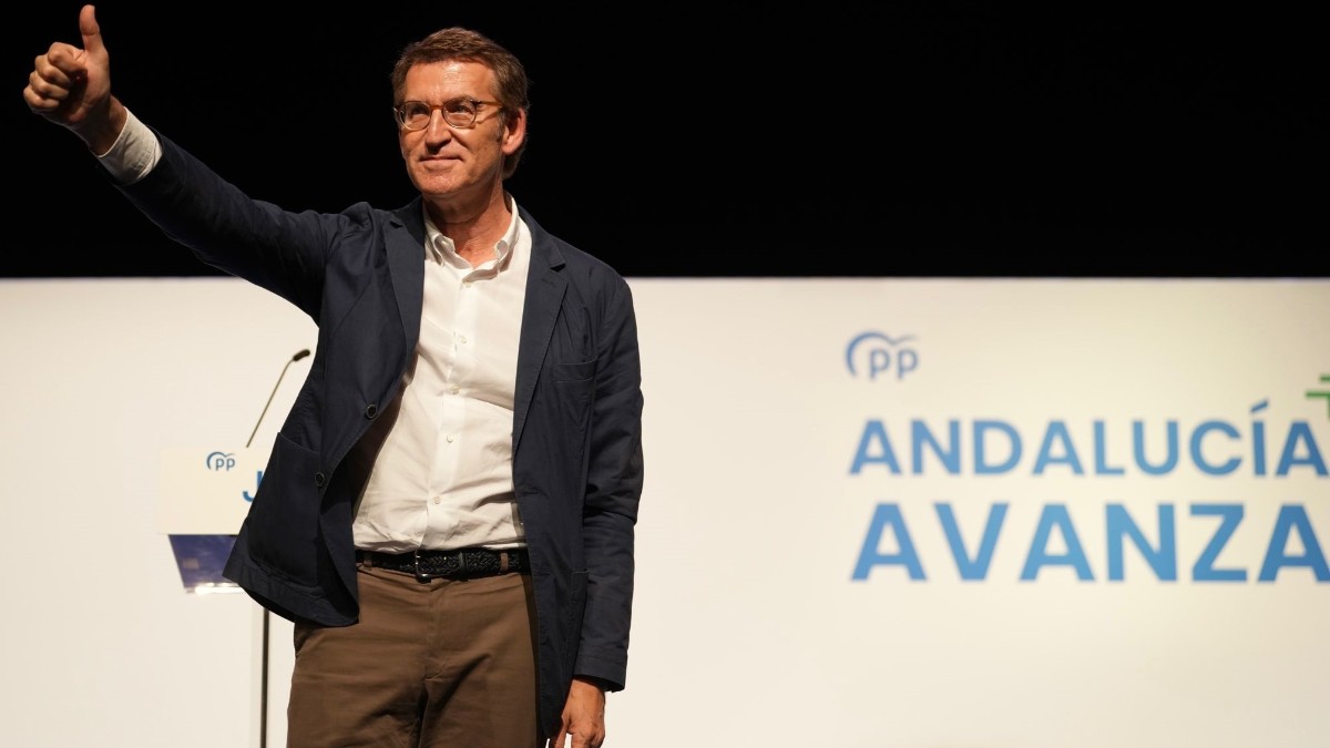 El presidente del PP, Alberto Núñez Feijóo, en un mitin en Estepona.