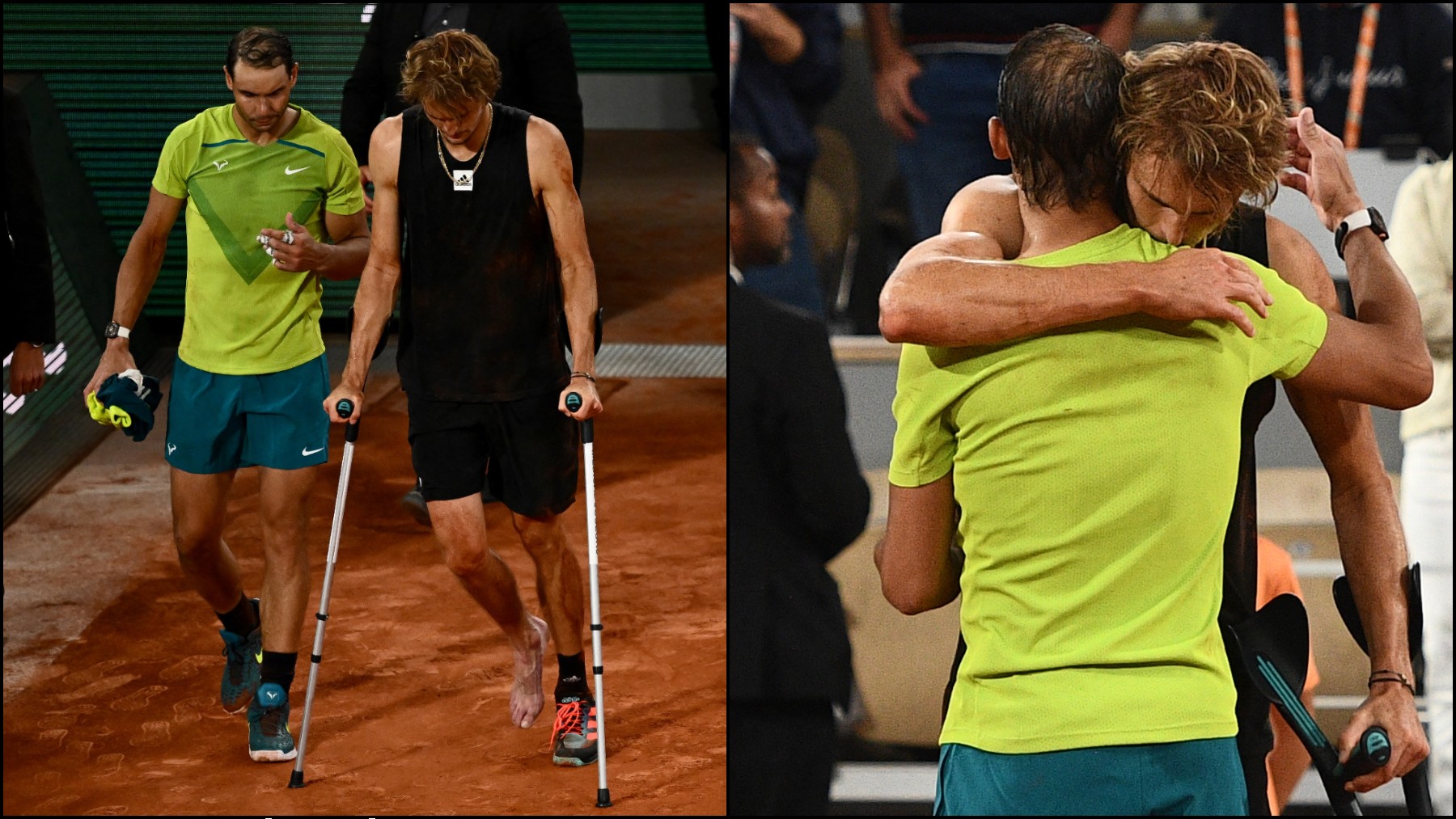 Rafa Nadal acompañó y consoló a Alexander Zverev tras retirarse por lesión. (AFP)