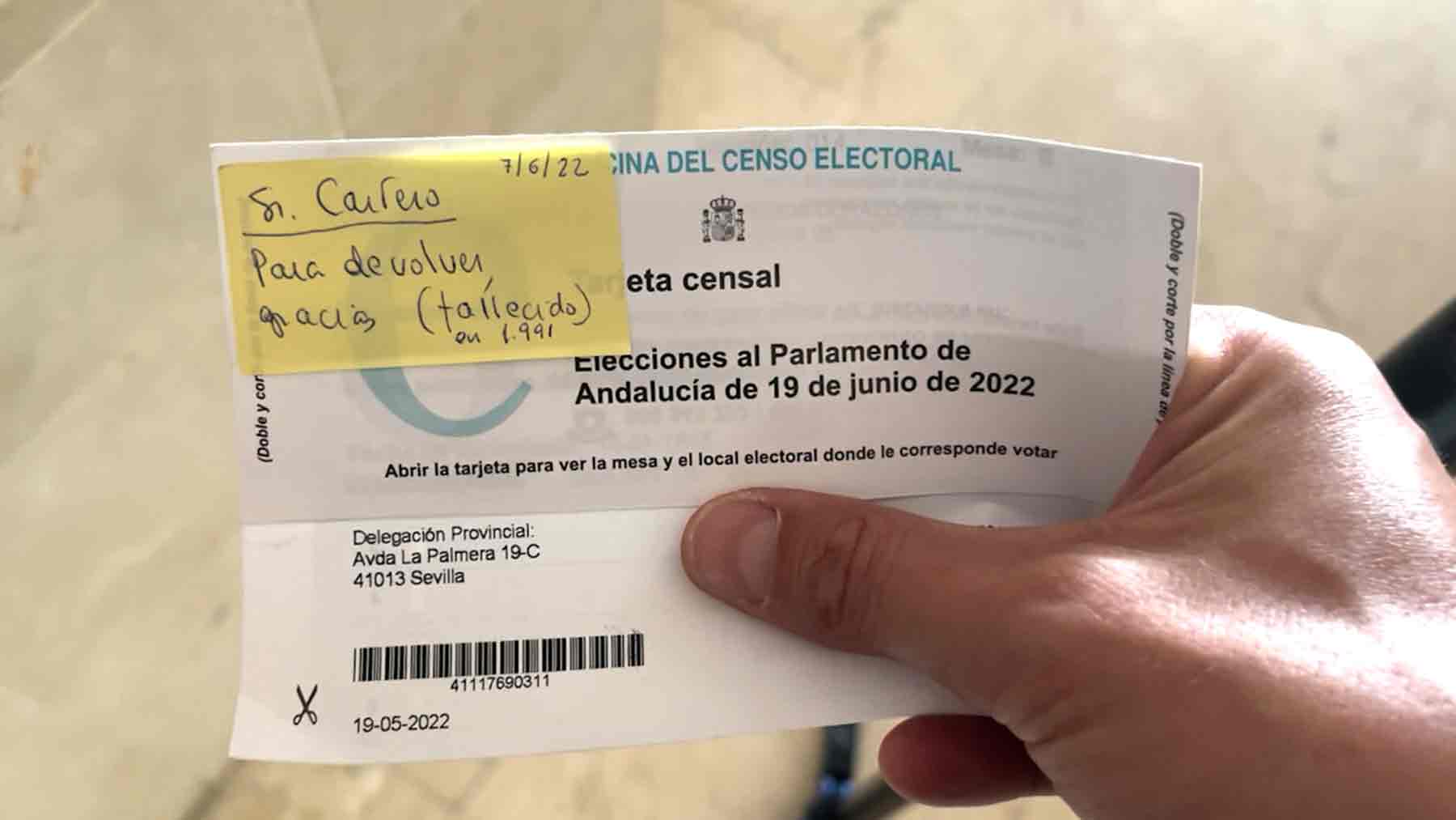 La tarjeta censal enviada a un hombre fallecido en 1991.