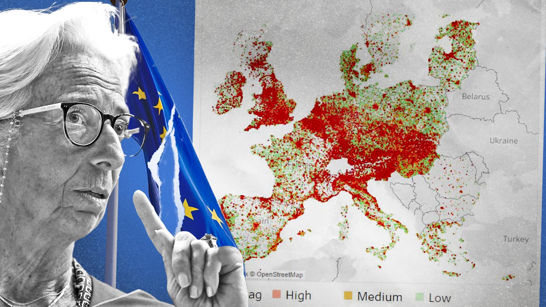 Christine Lagarde, presidenta del Banco Central Europeo, y mapa del organismo sobre riesgo climático.