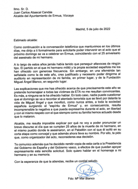Carta de Marimar Blanco al alcalde de Ermua.