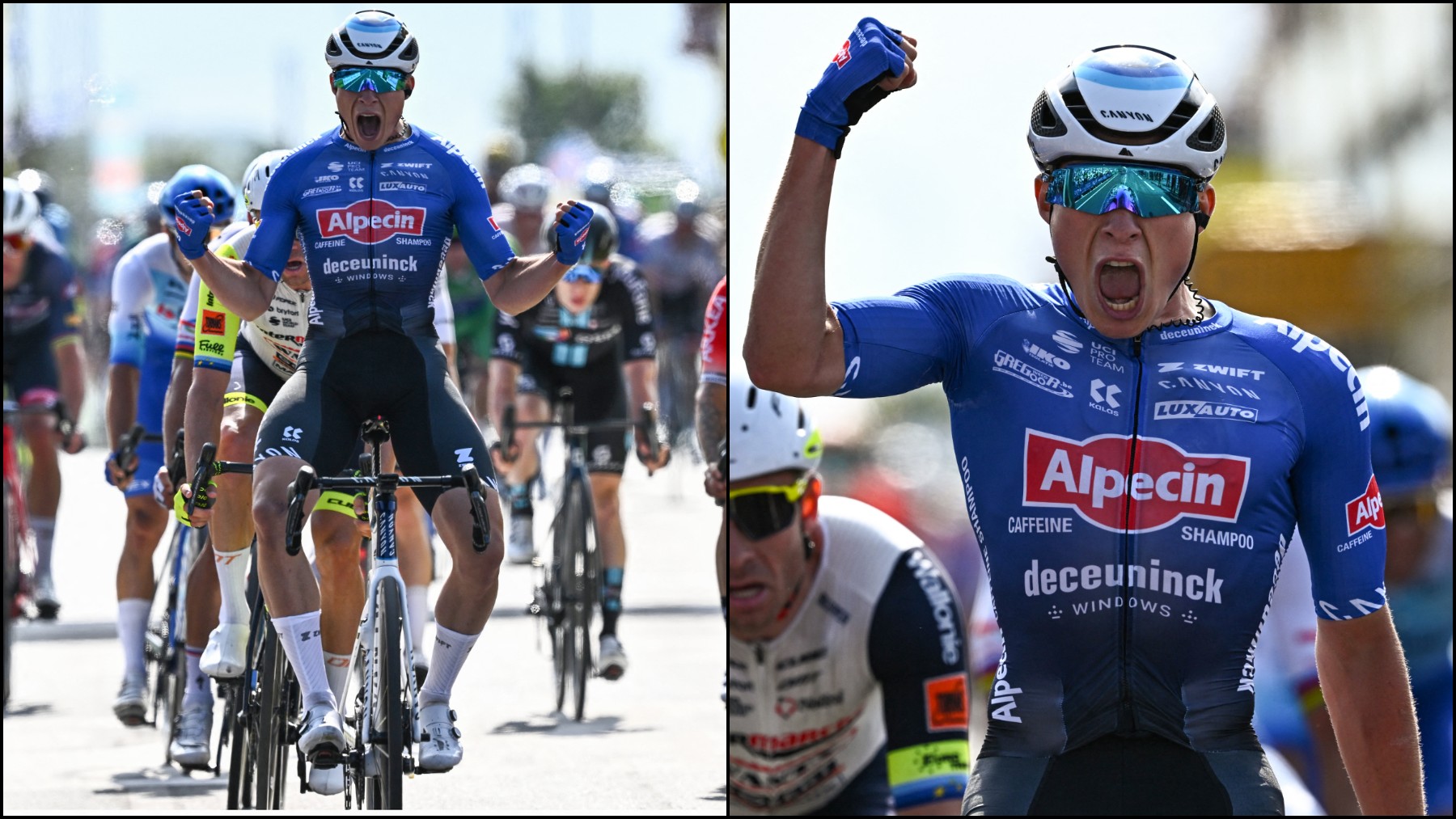 Jasper Philipsen celebra su no victoria a la llegada a Calais. (AFP)
