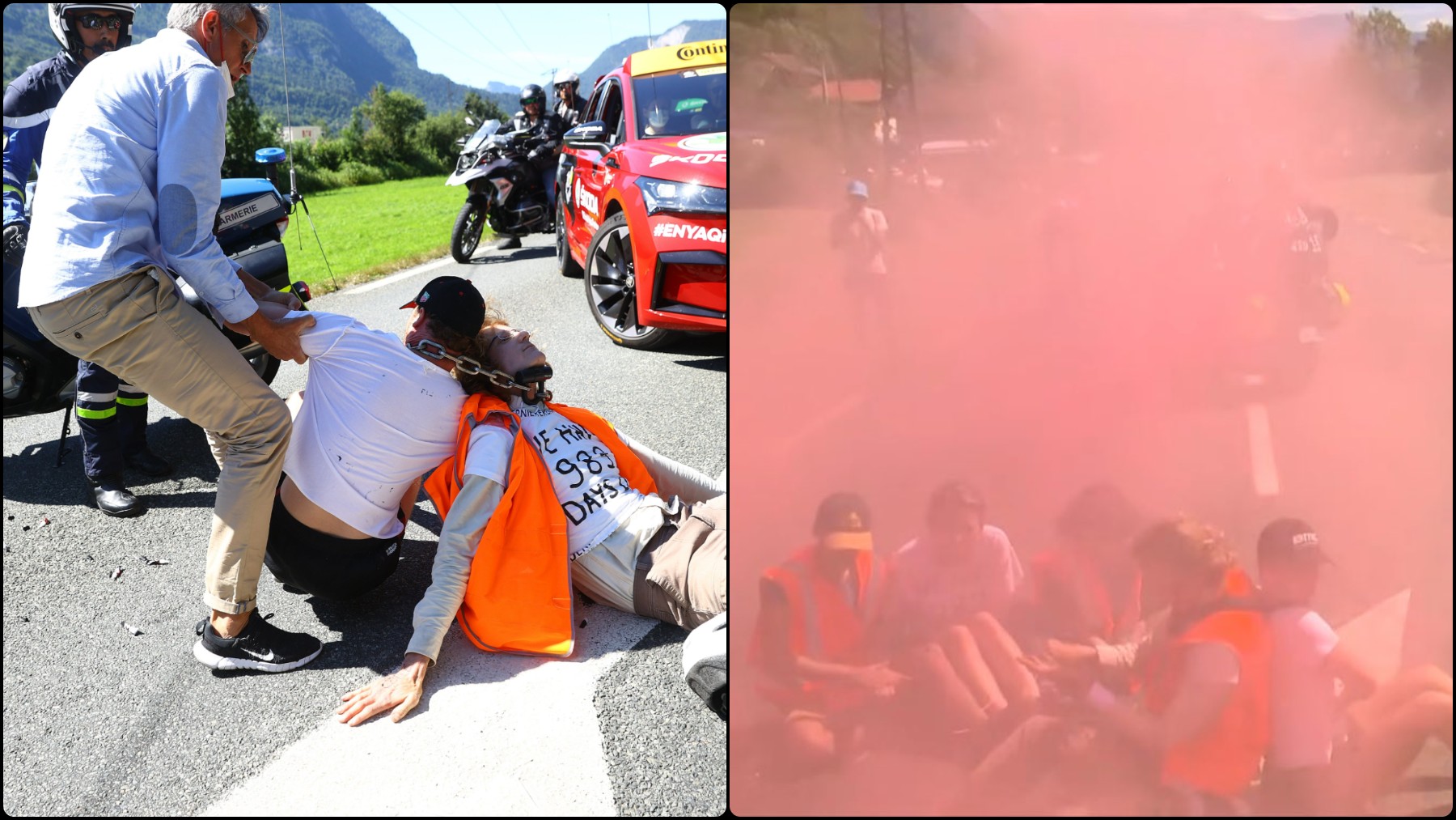 Un grupo de manifestantes paran la etapa del Tour.