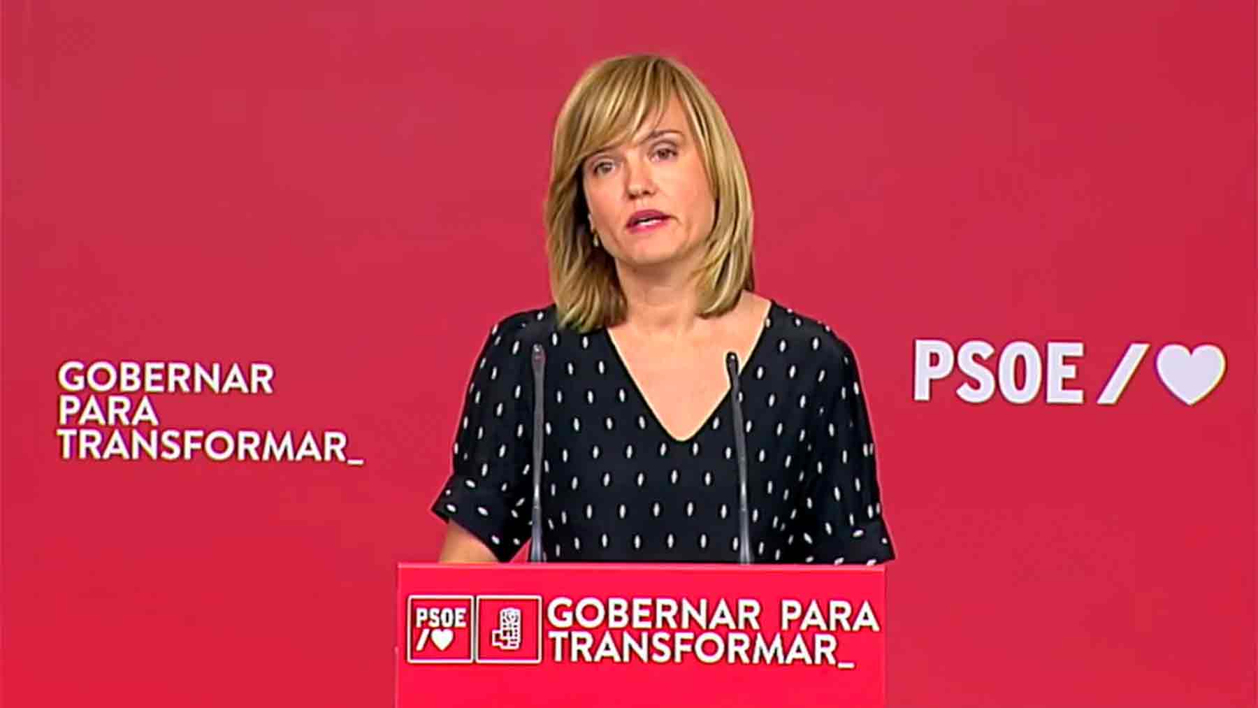 Pilar Alegría en la sede del PSOE.