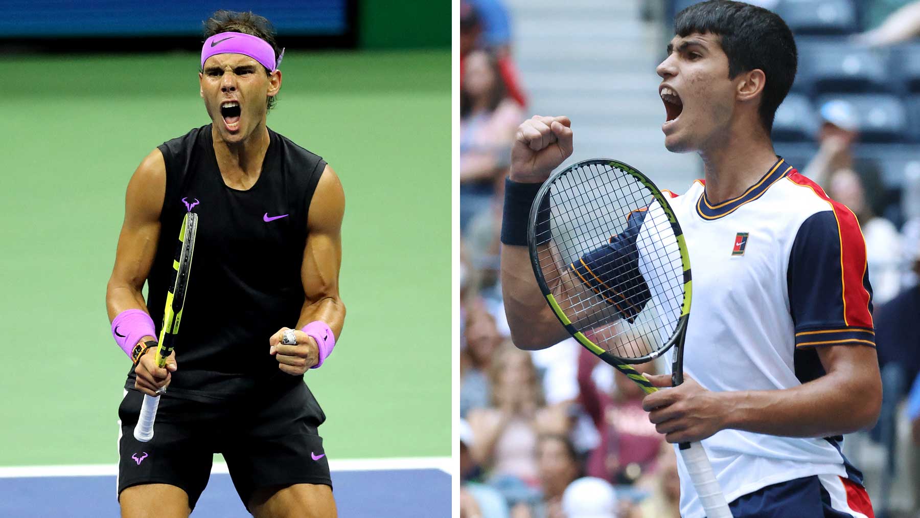 Nadal y Alcaraz en sus últimas apariciones en el US Open, en 2019 y 2021, respectivamente (AFP)