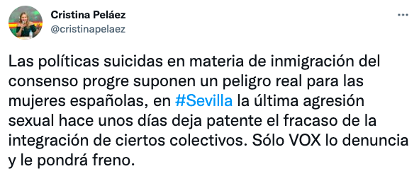 Vox Sevilla considera las «políticas suicidas» de inmigración «un peligro real para las mujeres»