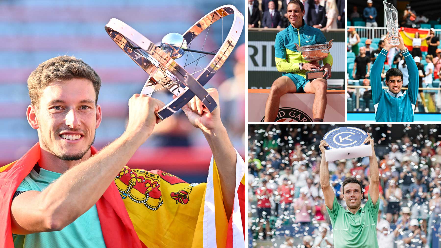 Pablo Carreño, Nadal, Alcaraz y Bautista, levantando algunos de los títulos de esta temporada (AFP)