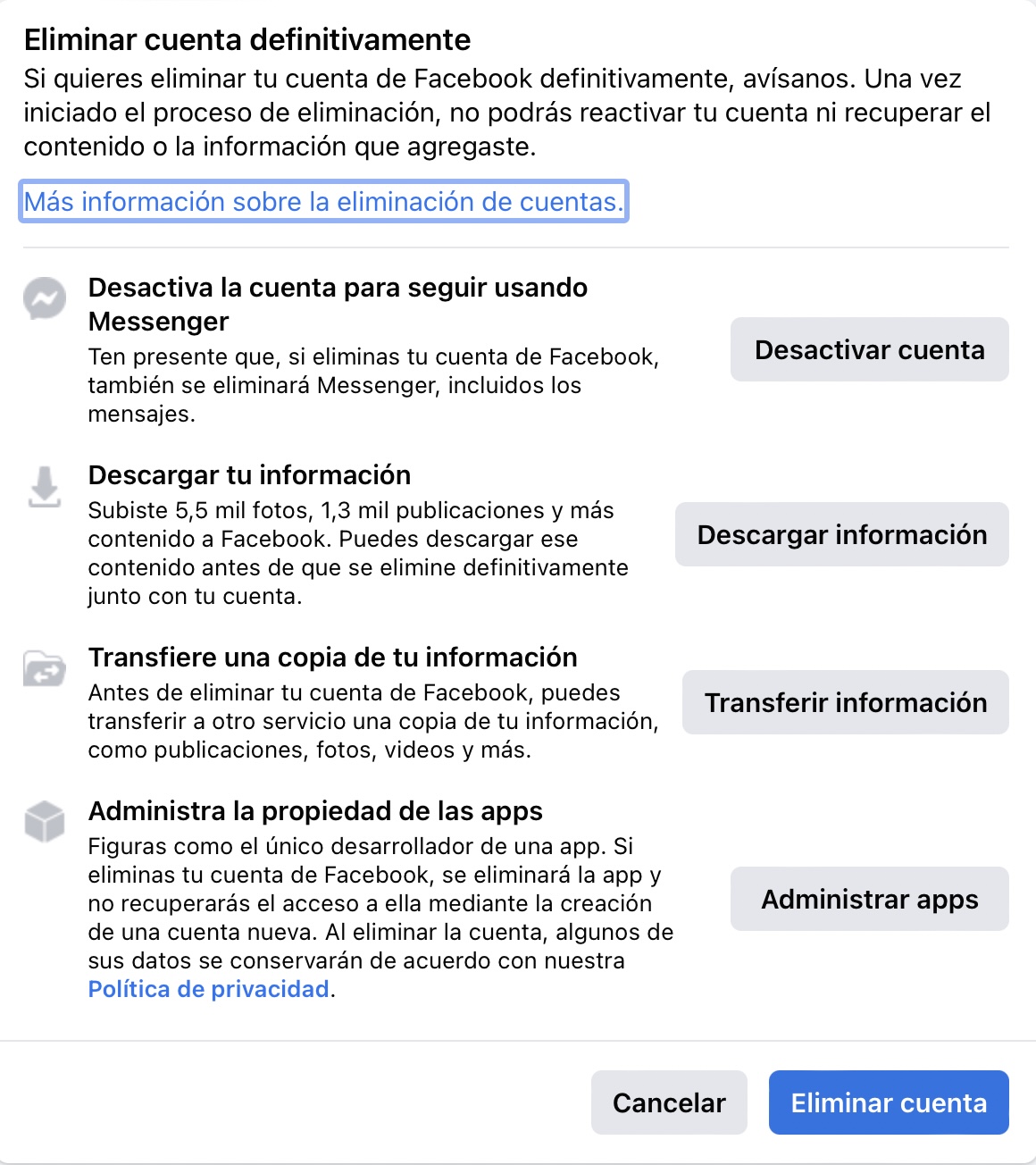 eliminar todo de facebook