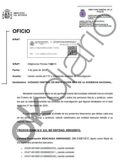 Informe de la Unidad de Delincuencia Económica y Fiscal (UDEF) de la Policía Nacional sobre las cuentas bancarias de Carolina Bescansa