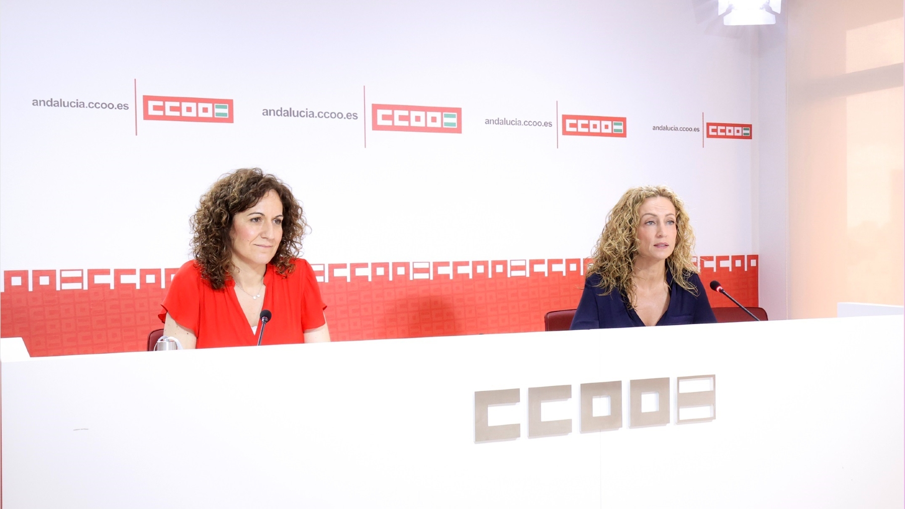 La secretaria general de CCOO en Andalucía, Nuria López, a la izquierda de la mesa (CCOO-A).