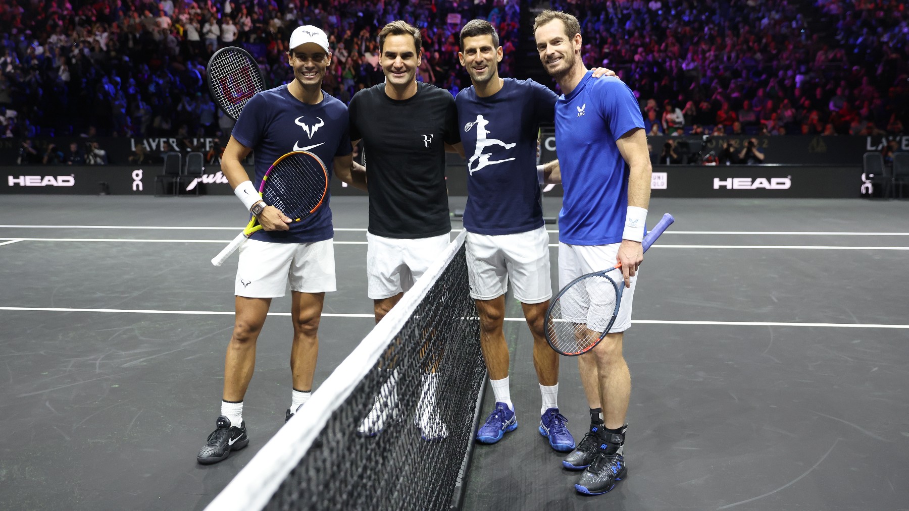 Nadal, Federer, Djokovic y Murray, entrenando juntos en la Laver Cup. (Getty)