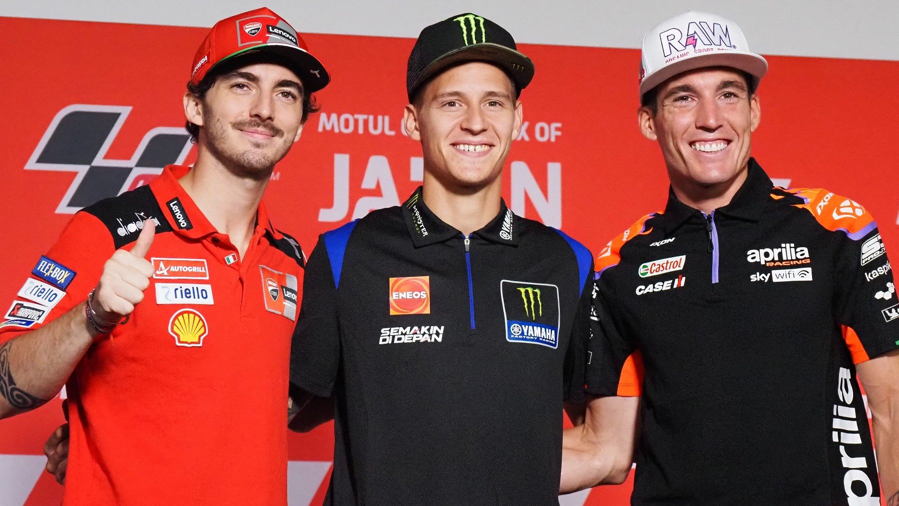 Bagnaia, Quartararo y Aleix en la previa del GP de Japón de MotoGP. (AFP)