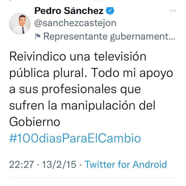 Sánchez en 2015: «Reivindico una TVE plural, mi apoyo a los que sufren manipulación del Gobierno»