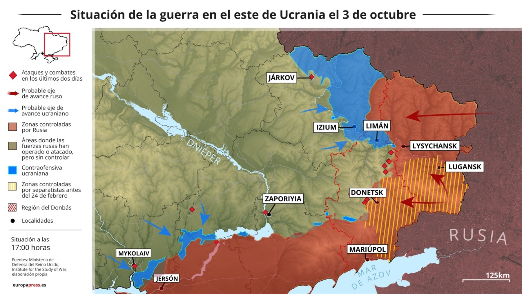 Mapa con la situación de la guerra en el este de Ucrania el 3 de octubre (EP).