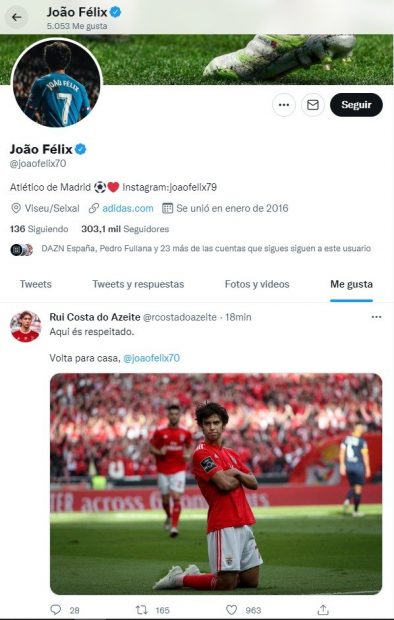 Joao Félix también la lía en las redes: dio me gusta a un mensaje que pide su vuelta al Benfica