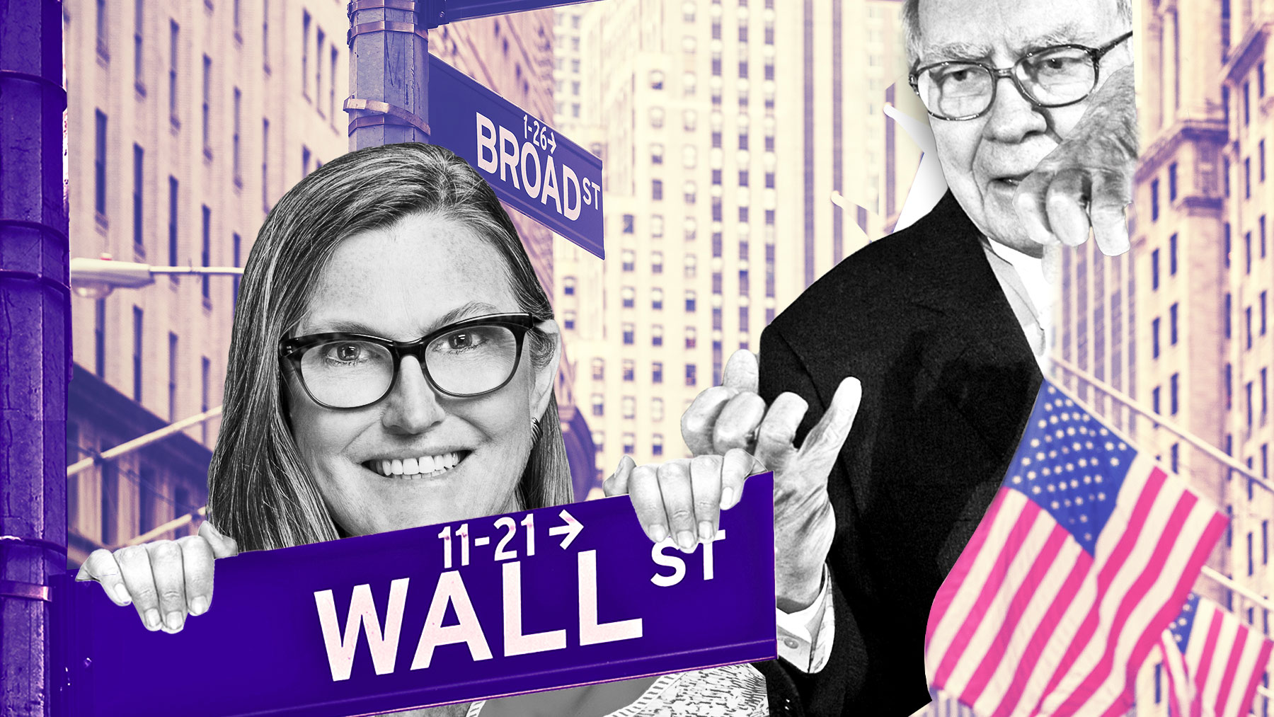 Cathie Wood y Warren Buffett. Montaje en Wall Street.