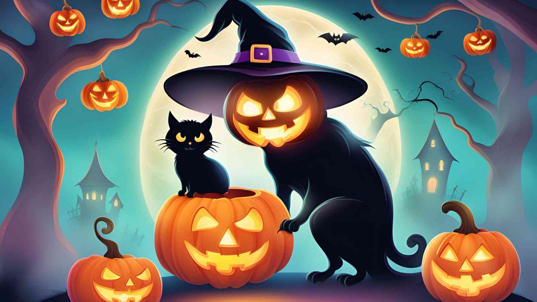 Un gato negro y calabazas de Halloween.