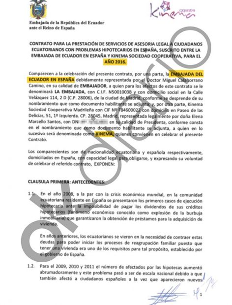 Contrato entre la Embajada de Ecuador en España y Kinema, la cooperativa Podemos, de 2016.