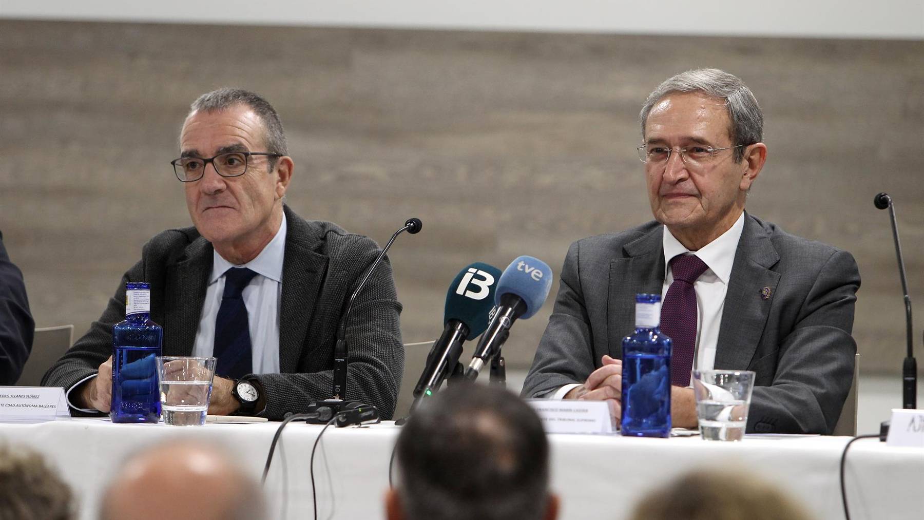 El presidente en funciones del Tribunal Supremo, Francisco Marín Castán (d) y el vicepresidente del Govern, Juan Pedro Yllanes (i). (Foto: Europa Press)