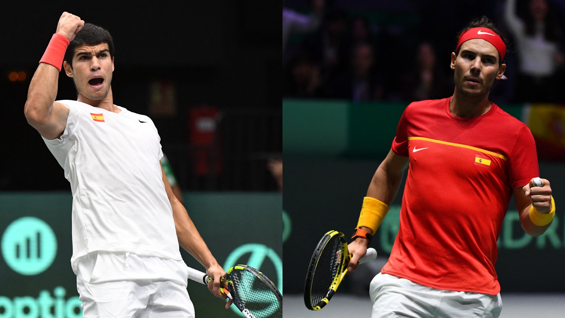 Carlos Alcaraz y Rafa Nadal celebran sendos puntos en la Copa Davis. (AFP)