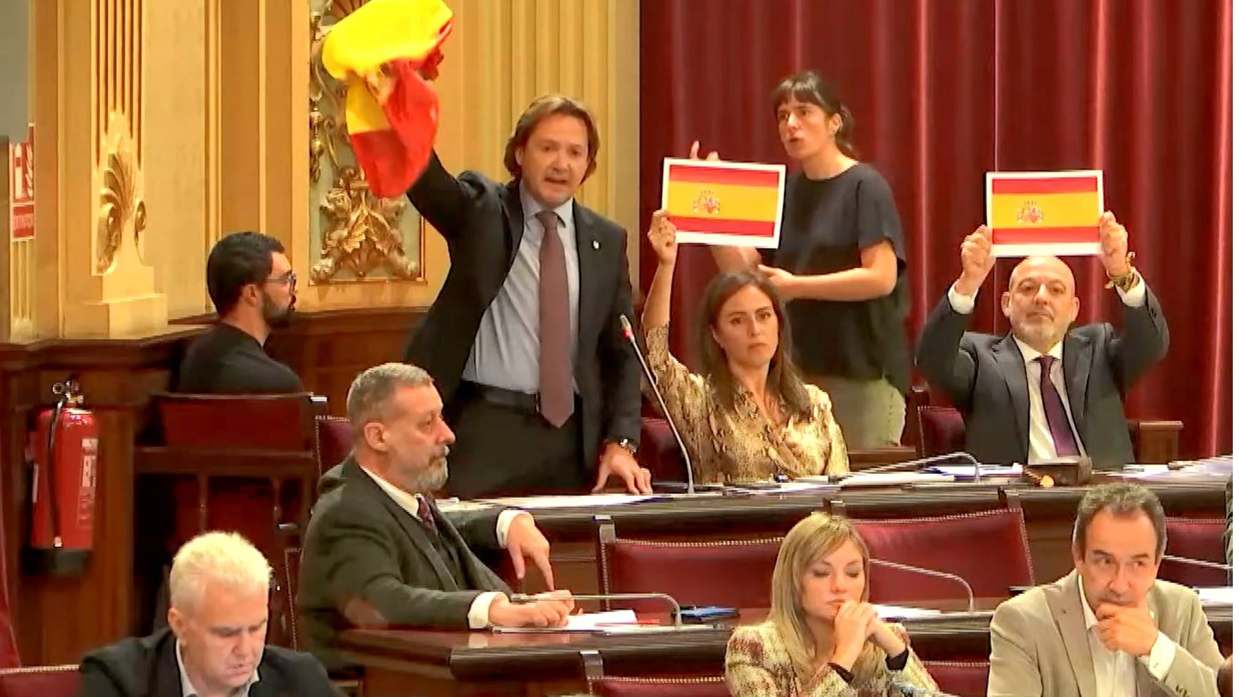 Los diputados de Vox con la bandera española en el Parlament.