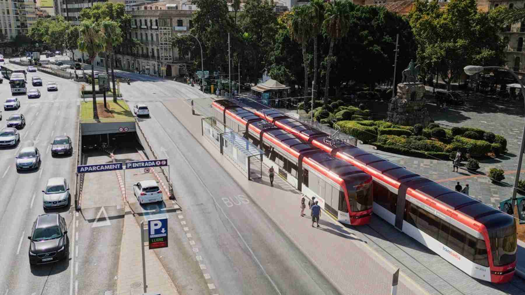 Recreación virtual del tranvía de Palma a su paso por la Plaza de España.